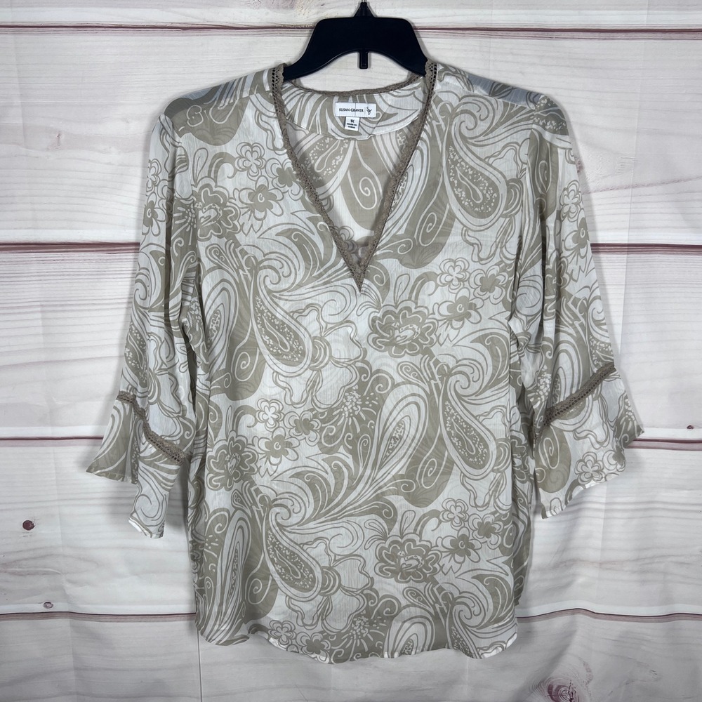 Susan Graver Top Womens 1X Tan Paisley V-Neck Crochet Trim Bell Sleeve Sheer